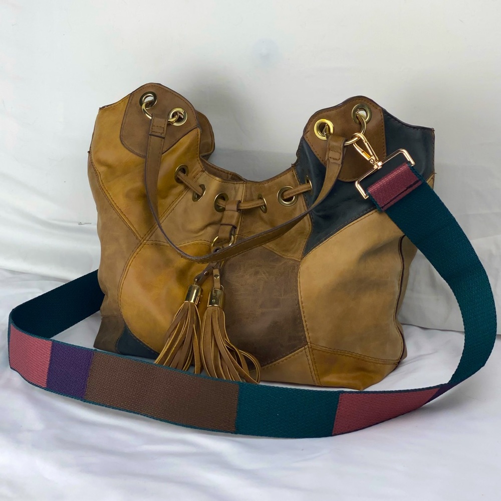 Multicolor Patchwork shoulder bag with guitar strap bundle crossbody purse